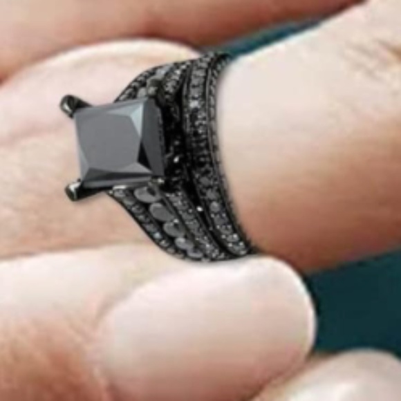 Women’s Princess Cut Lab Created Black Sapphire Set Ring and Band  various NWT - Picture 2 of 5